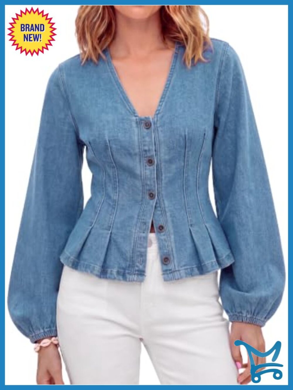 Tankaneo Womens Denim Button Down Shirt Puff Long Sleeve Fitted Jean Top